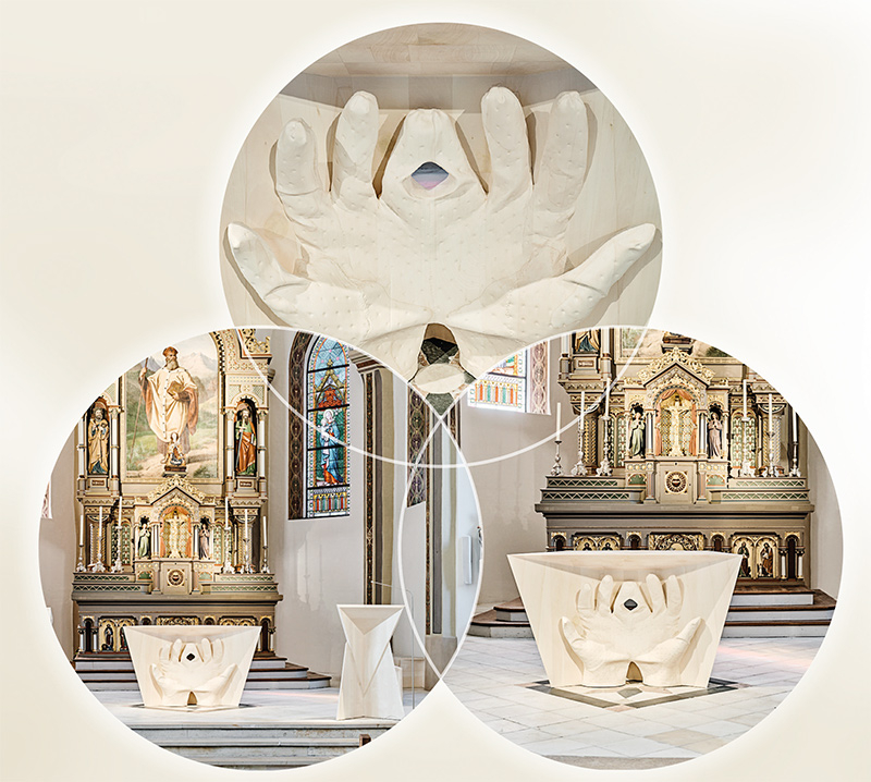 Die künstlerische Gestaltung von Michael Fliri  links: Gesamtansicht des Altarraums mit Ambo und Altar in der Pfarrkirche  zum hl. Valentin in Nauders;  Fotos: David Schreyer