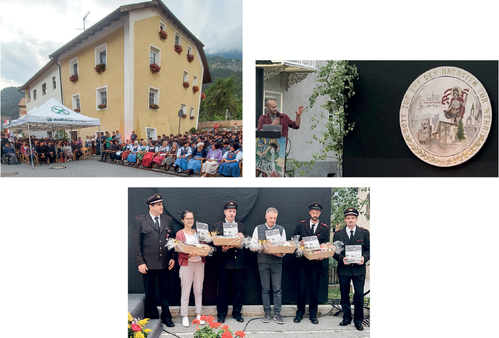 oben: Thomas Biedermann erklärt sein Gemälde;  unten: v. l. Michael Telser, Theodora Kuntner, Anton Kainz, Markus Marth, Fabian Gartner und Florian Kuppelwieser; Dankesübergabe an das Redaktionsteam der Dorf- und Feuerwehrchronik links: Die Freiwillige Feuerwehr freute sich über die zahlreiche Gäste