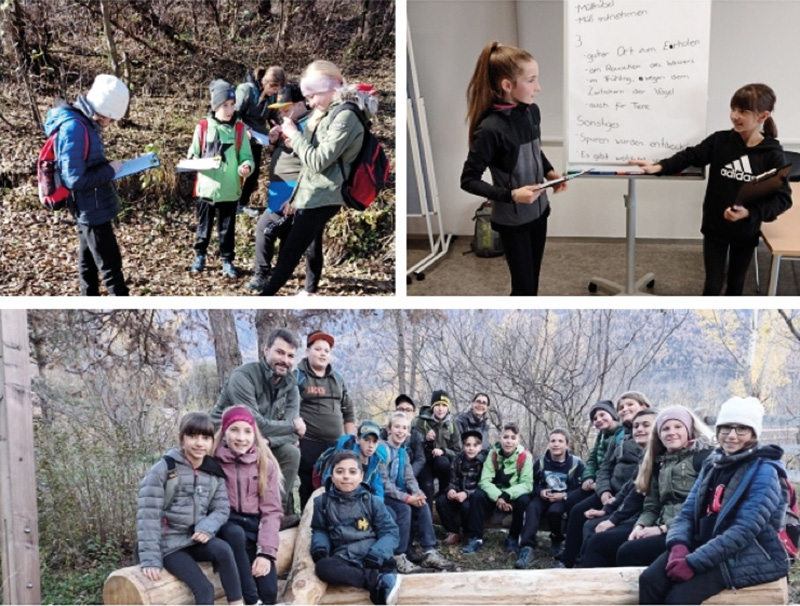 Gruppenfoto Klasse 2A mit Experten, links oben: SchülerInnen vertieft beim Beantworten der Forscherfragen, rechts oben: zwei Schülerinnen als Moderatorinnen der Forscherkonferenz an der Flipchart