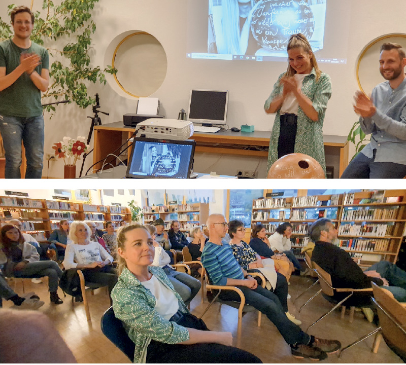 Die gut besuchte Finissage „Plaet Drums“ mit und Marc Perin (Gitarre und Planet drum), Barbara Seeber und David Frank