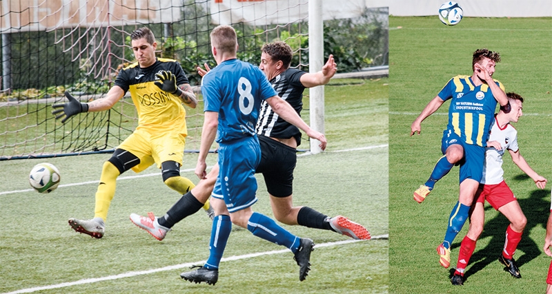 Der Partschinser Torhüter Andreas Nischler klärt gegen Mattia Lo Presti (schwarz); rechts: Spielszene Naturns