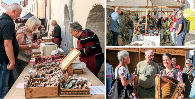 links: Großer Andrang beim Herbstmarkt in Glurns rechts: Gute Stimmung beim Rosenkranzmarkt in Schluderns 