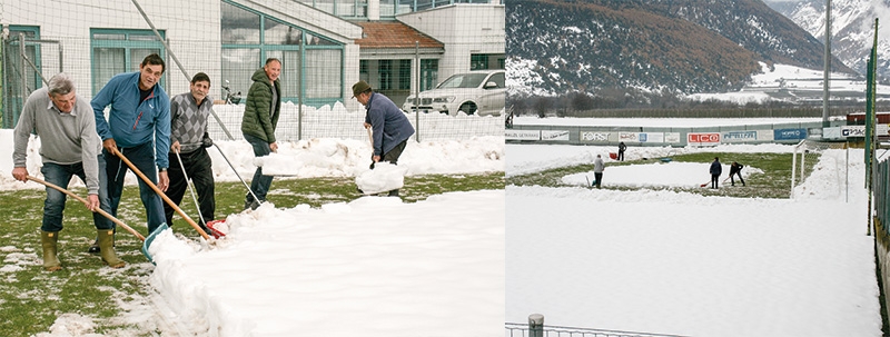 Stundenlang schaufelten die Pensionisten im Sportverein Schluderns den 16er-Raum frei, damit die Fußballer einige Spurts machen konnten