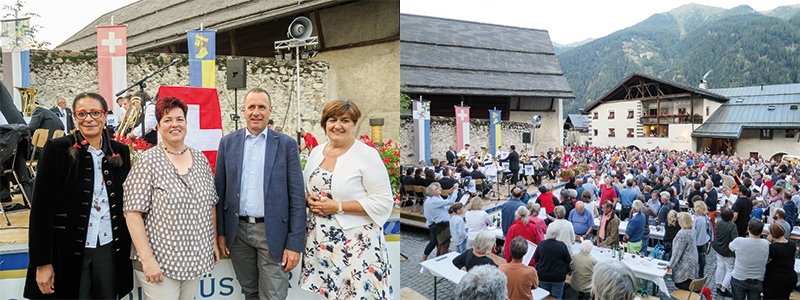 Viele Menschen feierten am 1. August in Müstair den Nationalfeiertag. Neben der Vizegemeindepräsidentin Gabriella Binkert Becchetti, der Festrednerin Heidi Diethelm Gerber und dem Gemeindepräsidenten Rico Lamprecht war auch die Bürgermeisterin von Taufers, Rosalinde Gusch Koch bei der Feier dabei. Viele Häuser waren mit Fahnen geschmückt, neben den Alphornbläsern trat auch die Treichlergruppe Val Müstair auf. 