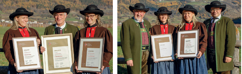 Die Geehrten  Elisabeth Alber,  Erwin Brunner und  Luzia Wallnöfer jeweils gerahmt von links Kapellmeister Werner Bruner und rechts Obmann  Andreas Paulmichl