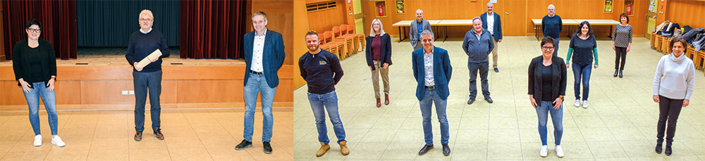 links: Danke an den ehemaligen Ortsobann Albert Gufler (Mitte) durch die neue Ortsobfrau Jasmin Ramoser und dem neuen Vize-Ortsobmann M. Mayr; rechts der neue Ortsausschuss: vorne v. l.: Tobias Nischler, Michael Mayr, Jasmin Ramoser, Evelyn Weithaler Tappeiner; 2. Reihe v. l.: Jasmin Pichler, Alois Forcher, Anuschka Gamper; 3. Reihe v. l.Harald Schmittner, Matthias Burger, Albert Gufler, Barbara Ganterer