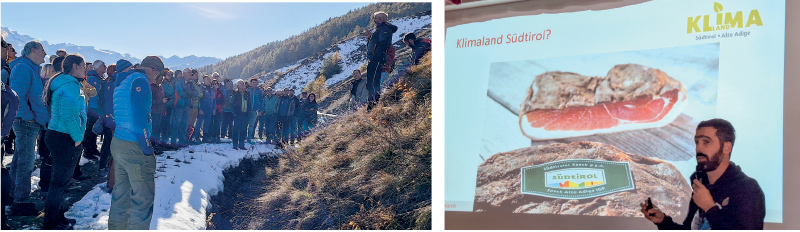 Mehr als 50 Wanderführer  kamen in Fahrgemeinschaften und mit Öffis nach Matsch zur Fortbildung; rechts: der Biologe Georg Niedrist 