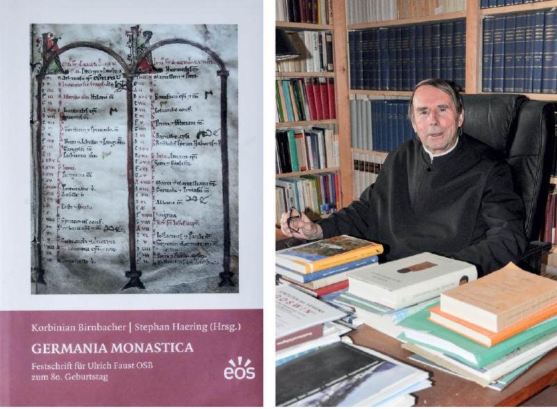 links: Umschlagabbildung: Marienberger Kalendarium, 12 Jh. P. DDR. Ulrich Faust in seiner Privatbibliothek in Marienberg. 2010 ließ P. Ulrich die Stabilitas von Ottobeuren auf die Abtei Marienberg übertragen. Er starb dort vor einem Jahr am 08. Oktober.