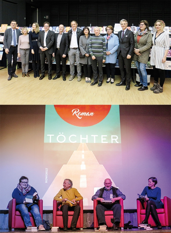 Bei der Ausstellungseröffnung der Schlanderser Bücherwelten am 9. April waren sowohl die Vertreter verschiedener Organisationen aus Bozen als auch aus Schlanders präsent. Ein Höhepunkt im Rahmenprogramm war das Literarische Quartett mit Buchbesprechungen durch vier Literaturliebhaber: v.l.: Susanne Resch Vilardo, Martin Trafoier, Herbert Raffeiner und Maria Raffeiner.  