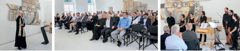 Abt Markus weiht den neuen Festsaal vor auserlesenem Publikum ein: die musikalische Umrahmung hat Lukas Punter mit einem Vokal- und Instrumentalensemble übernommen