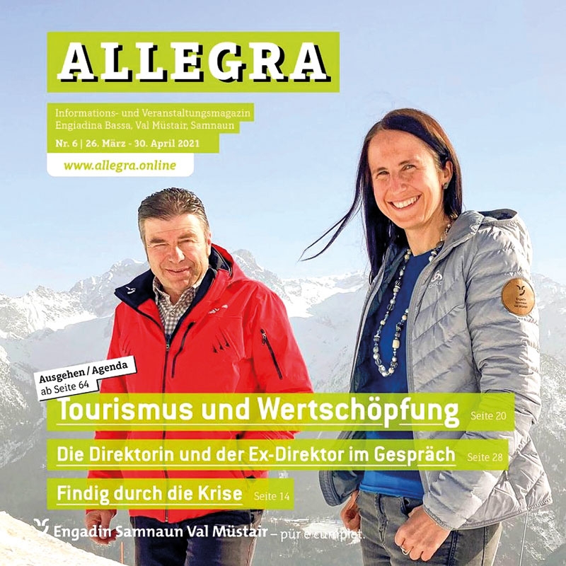 Allegra ist der Gruß im Engadin. Allegra ist auch das Informations- und Veranstaltungsmagazin der Region. (siehe: www.allegra.online). Die Kulturelemente beschäftigen sich in der letzten Ausgabe mit der Kultur unserer Engadiner Nachbarn (siehe: www.kulturelemente.org) 