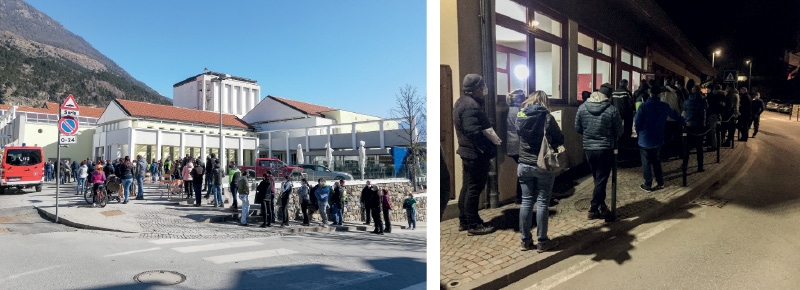 Wartende vor dem Testzentrum in Schlanders und Wartende vor dem Geroldsaal in Partschins am 28.02.2021