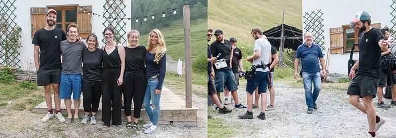 v.l.: Lukas Nicolaus (Kamera) Anselm Bresgott (Schauspieler) Nancy Camaldo (Regie und Autorin), Sandra Hölzel (Produzentin) Andrea Schmitt (Produktionsleitung) und Louisa Wagener (1. Regieassistenz); rechts Oswald Angerer inmitten von Filmtechnikern