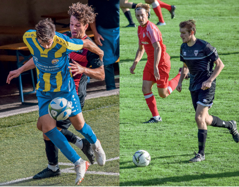 links: Während Naturns (gelb-blau) auf eine bessere Rückrunde hofft, kämpft Partschins um die Spitzenposition. rechts: Dominik Mair und Latsch (schwarzes Trikot) kämpfen um jeden Punkt