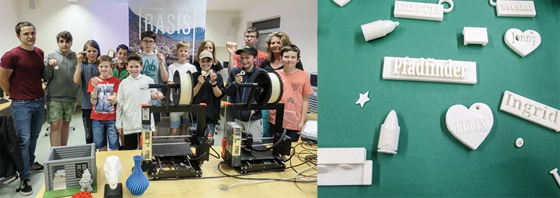Vor Schulende organisierte BASIS zusammen mit der Techniklehrerin Claudia Klett einen 3D-Kurs für Mittelschüler in Schlanders. Erich Hafner (links im Bild) führte die Schüler in die neue Technologie ein, die Schüler zeichneten mit dem Computer einige Objekte und konnten diese dann auf einem 3D-Drucker ausdrucken.  