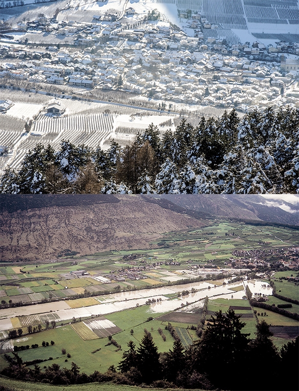 oben: Laas am 27. Dezember 2013: Die Schneemessreihen in Tirol haben ergeben, dass die winterlichen Schneehöhen im 100-Jahreslangzeittrend nur um 6,5 bis 7 cm abnehmen unten: Laas nach der Etschüberschwemmung im Augst 1987: Wettervorhersagen können nicht auf der Basis von Extremereignissen gemacht werden, weil die Extremereignisse selten an gleichen Orten  stattfinden
