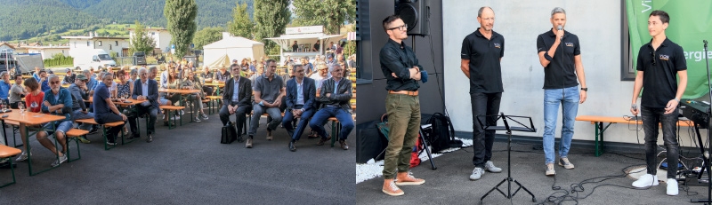 Viel lokale Prominenz, viele Kunden und VEK-Mirglieder haben beim ersten VION-Energietag am 4. September 2021 in Glurns teilgenommen; rechts v. l.: Architekt Günther Fritz, VEK-Präsident Andreas Tappeiner, VEK-Geschäftsführer Alexander Telser und der Moderator Marian Blaas. Das VEK ist Energie- und Telekommunikationsdienstleister für den Vinschgau