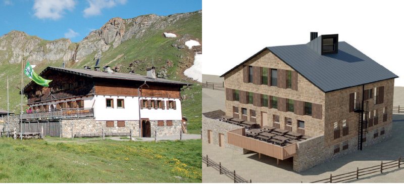 Die Sesvennahütte wird saniert; rechts: Zeichnung des Neubaus: Arch. Jürgen Wallnöfer