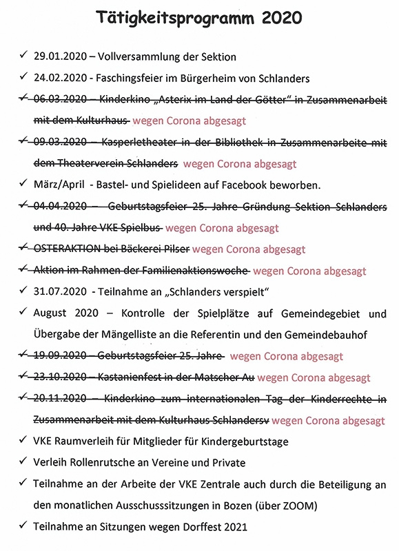 Auch die VKE-Sektion Schlanders konnte 2020 viele geplante Aktionen nicht durchführen. Der neu gewählte Vorstand mit Ivan Runggatscher (bisheriger Sektionsleiter), Heike Fleischmann, Petra Koch, Angelika Alber und Karin Brugger will sich weiterhin für das Wohl der Kinder einsetzen. Sarah Wegmann kandidierte nach 9 Jahren Mitarbeit im Ausschuss nicht mehr für den Vorstand.