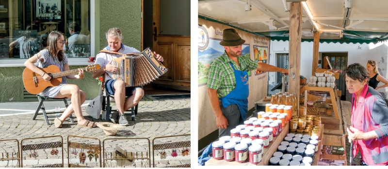 links: Gernot Niederfriniger (Zieharmonika) und Theodora Kuntner (Gitarre) spielen aus ihrem Repertoire bekannte Tiroler Volksmusikstücke; rechts: Florian Wallnöfer mit Qualitätsprodukten vom Bauernhof „Hof am Schloss“Lichtenberg