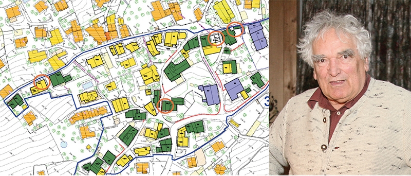 Ensembleschutzplan Beispiele (roter Kreis) im Ensemble Nr.3 Partschins Zentrum; Herbert Schönweger