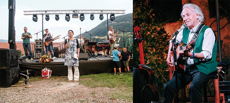 Die Rock-Formation „Jeremy“ mit TV-Direktorin Karin Thaler (mit der App Xtend direkt erleben) im Ansitz Gaudententurm und Sepp Messner Windschnur in der Stachlburg von Partschins
