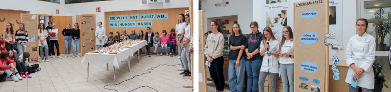 Die Schülerinnen der 2. Klasse der Fachschule für Hauswirtschaft und Ernährung in Kortsch bei ihrer Präsentation im Foyer