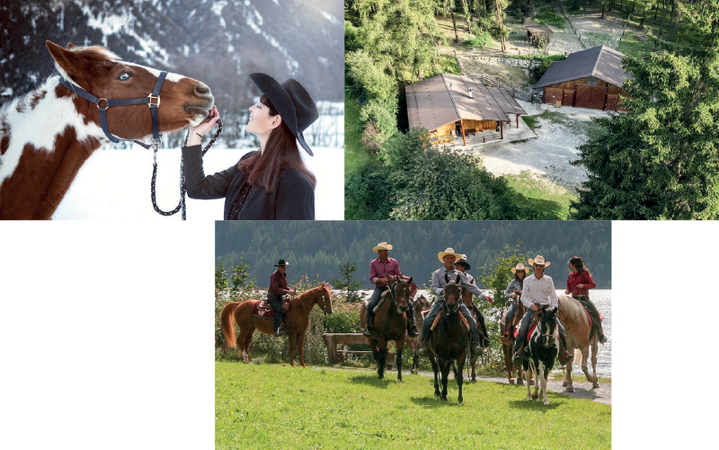 oben: Präsidentin des Pferdesportvereins Taufers i. M. Melanie Telser; rechts oben: Stall und Vereinslokal;  rechts unten: Wanderritt am Haider See