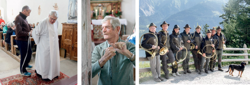 Der Messner von Zerz Valentin Kuenrath beim Einkleiden von Pater Peter, Adolf Ziernheld hilft beim „Zusammenläuten“ und die Jagdhornbläser „Hirschruf“ Graun