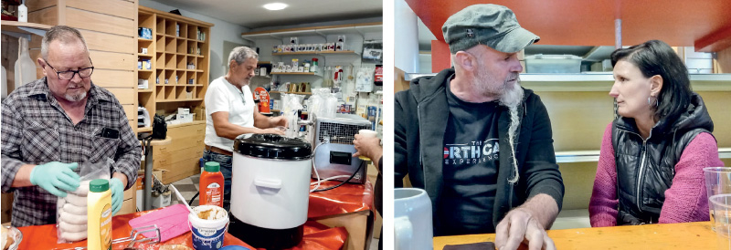 links: Egon Blaas half beim Umtrunk und nahm für den Verein „Transplantation ist Leben“ die Spenden entgegen; rechts: Joachim Pircher mit Astrid Stecher vom Eisenwarengeschäft am Rathausplatz
