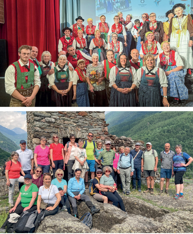 Die Volkstanzgruppen Grosio und Eyrs mit Erika Christandl;  unten: Teilnehmer der Erkundungsreise bei der Festung Castel vecchio, einem ersten Ansitz der Matscher Vögte