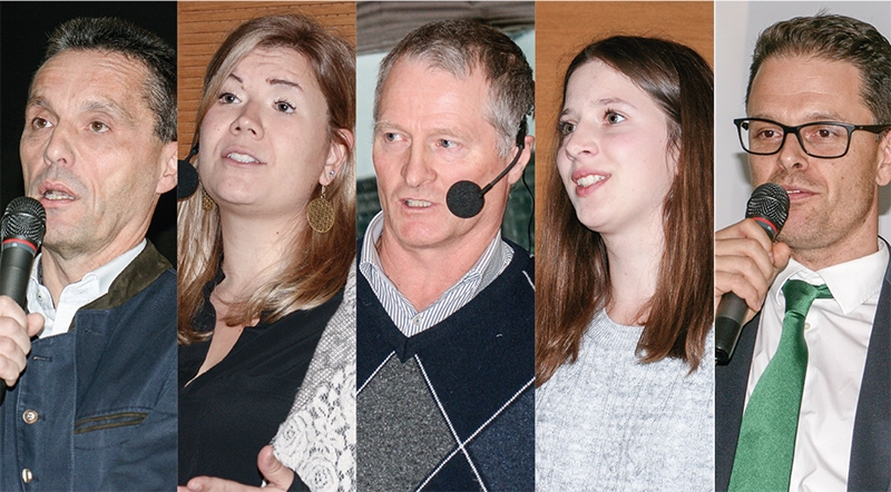 v.l. Matthias Gauly (Uni Bozen), Irene Holzmann (BRING), Johann Zingerle (Landwirt aus Vintl), Sophia Kienzl (Absolventin FS Fürstenburg) und Markus Moriggl (Raiffeisenkasse Obervinschgau)