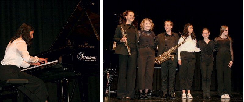 links: Fingerfertigkeit am Klavier; rechts: Sonja Wallnöfer (Tisens), Anja Theiner (Mals), Alex Designori (Gröden), Flora Stecher Alonso Lillo (Schluderns), Ruth Längerer (Goldrain), Anna Rinner (Mals)
