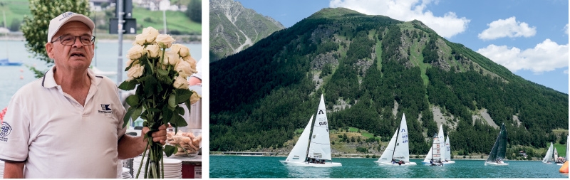 links: der Präsident mit den „gefischten Rosen“, die er Theiner Rita Ww.Oberhofer überreichen wird; rechts: Das Boot SÜD 1 von Peter mit Rita Wwe. Oberhofer, Pius Letter, Didi Punter und Heini Patscheider allen voraus