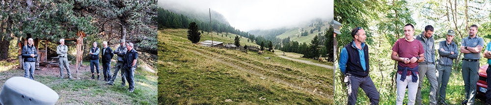 Links: Amtsdirektor Georg Pircher resümiert über Klimawandel, Prozessionsspinner, Windwurfkatastrophe VAIA, Waldtypisierung und anderes mehr. Mitte: Das Operationsgebiet der Wald-Weidetrennung. Im Hintergrund rechts fast schon im Nebel die neue Matscheralm. In der Mitte Alte Alm, Herrensteig und neuer Wirtschaftsweg. rechts: Der Präsidenten der Gesellschaft „Saldur Konsortial GmbH“ Edwin Heinisch stellt vor der Besichtigung des Krafthauses das E-Werk vor. 