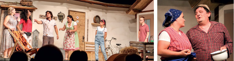 v. l. Michaela Albrecht, Sandra Blam Kofler, Michael Pircher, Juliane Wiesler Blaas, Elena Caló und Tobias Kapeller; rechts: Renate Riedl Gunsch  und Vinzenz Fliri  in seiner Paraderolle