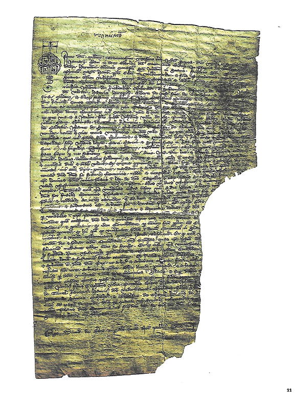 Urkunde von 1323, bzw. einen Ausschnitt davon, mit dem „Briefkopf“ des Notars David von Meran, den er seinen, von ihm verfassten Urkunden, voranstellte.