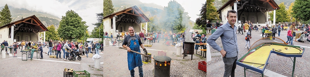 Viele Eltern kamen mit ihren Kindern zum Kastanienfest auf dem Plawennspielplatz. Max Gögele hat  Kastanien gebraten, Alt und Jung spielten mit den selbstgebauten Spielgeräten von Hanspeter Schönthaler. Es wurde gebastelt und getauscht. 