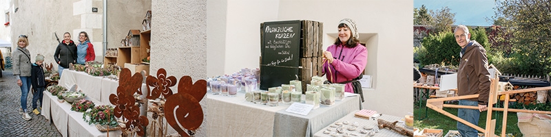 links: Dagmar und Manuela Stocker präsentieren selbstgebastelten Herbstschmuck; mitte: Verkäuferin mit Kerzen aus Naturwachs und Kräutern;  rechts: der Koordinator der Märkte Elmar Prieth 
