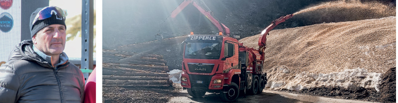 Veit Angerer möchte auch in Schlinig „Snowfarming“ betreiben; rechts: die Marteller bedecken im Sommer ihren Schnee mit Hackschnitzel