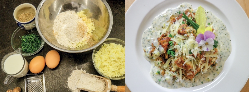 Die Zutaten zum Erdäpfelschmarren; Erdäpfelschmarren mit Kräuterrahmsauce und gehobeltem Almkäse.