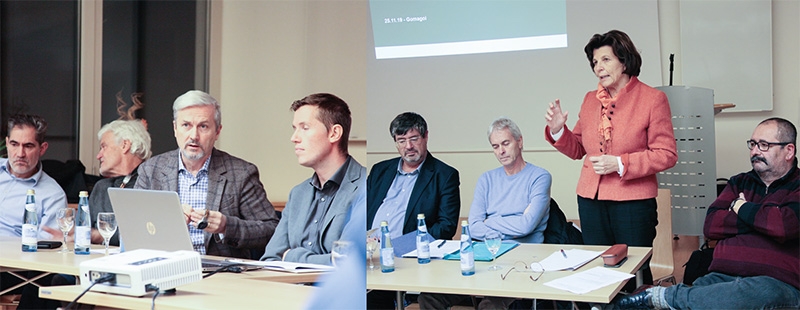 Die Arbeitsgruppe v.l.: Hanspeter Gunsch, Arnold Gapp, Stephan Gander, Kurt Sagmeister und die politische Seite mit Albrecht Plangger, BM Karl Bernhart, LRin Maria Hochgruber Kuenzer und BM Hartwig Tschenett