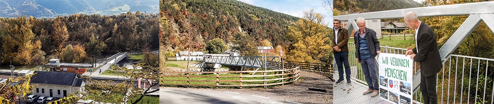 „Wir verbinden Menschen“ so lautete das Motto der kürzlich erfolgten offiziellen Übergabe und Segnung der neuen Verbindungsbrücke vom Gleis 2 am Bahnhof Spondinig zur Anbindung an den Vinschger Radweg und der Prader Naherholungszone Fischerteiche.  Martin Peer/Amt für Weiterbildung und Andreas Tappeiner/Bezirksgemeinschaft Vinschgau zogen ein dazu passendes Plakat ans Brückengeländer, weil auch der neue Kursraum bei Gleis 1 eingeweiht wurde. 