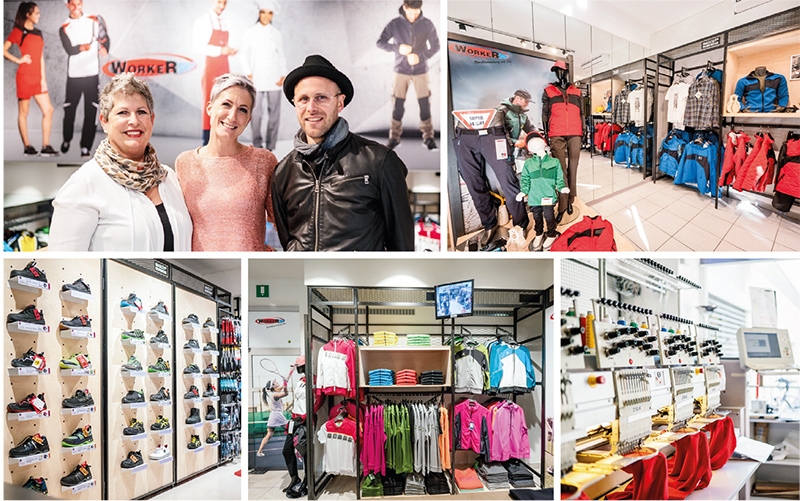 o. links: Trudi, Petra und Stefan (Raum- und Objektplaner); u. rechts: hauseigene Stickerei