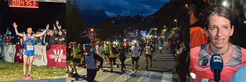 links: Der Sieger Konstantin Wedel; Ein Lichtermeer nach dem Start; rechts: Simone Raatz