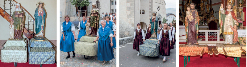 v. l.: Mutter Anna mit Maria;  Frauen in der erneuerten kornblumen Tracht; Frauen in der bordeauxroten Tracht, hl. Josef und Schutzengel