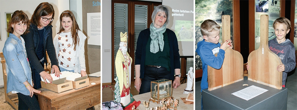links: Studium der Karteien zu den Schwabenkindern; mitte: Helene Dietl Lagenda erzählt Kindern und Eltern über Bräuche im Vinschgau; rechts: im Ausstellungsraum  „Wasserwosser“
