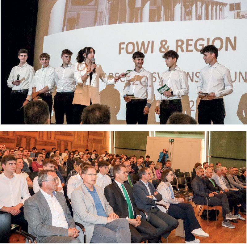 oben: Schülerinnen und Schüler der Fachoberschule für Wirtschaft in Mals beim Auftakt der Präsentation; unten: interessiertes Publikum