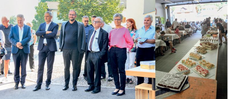 v.l.: der ehemalige Naturnser BM Andeas Heidegger, Raika-Obmann Wolfram Gapp, Dekan Christoph Wiesler, Alt-BM (von 1977 bis 2005) Walter Weiss und die Buch-Initiatorin und Moderatorin Maria Kreidl; rechts: Stabner Köstlichkeiten zum Kirchta