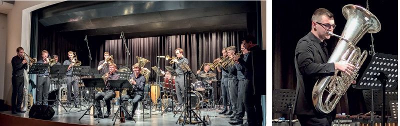 BrassAdventure lud am 20. September zum anspruchsvollen Konzert; rechts: Die Tuba, sonores Orchesterfundament, Soloinstrument und heuer zum Instrument des Jahres gekürt. Andreas Schönthaler demonstriert riesen Tonumfang bei Vollklang.
